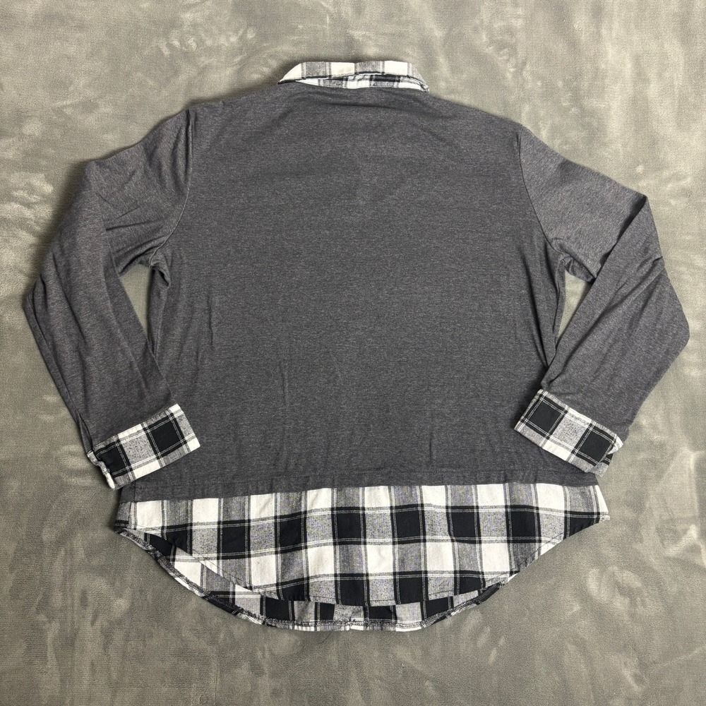DJT Womens 2XL Grey Plaid Layered Look Top V-Neck Long Sleeve Faux Shirt Hem